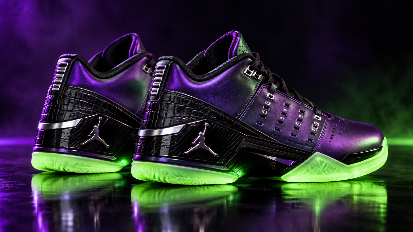 Shoe-only rear three-quarter view highlighting iridescent purple uppers black embossed panels silver hardware and glow-green outsoles