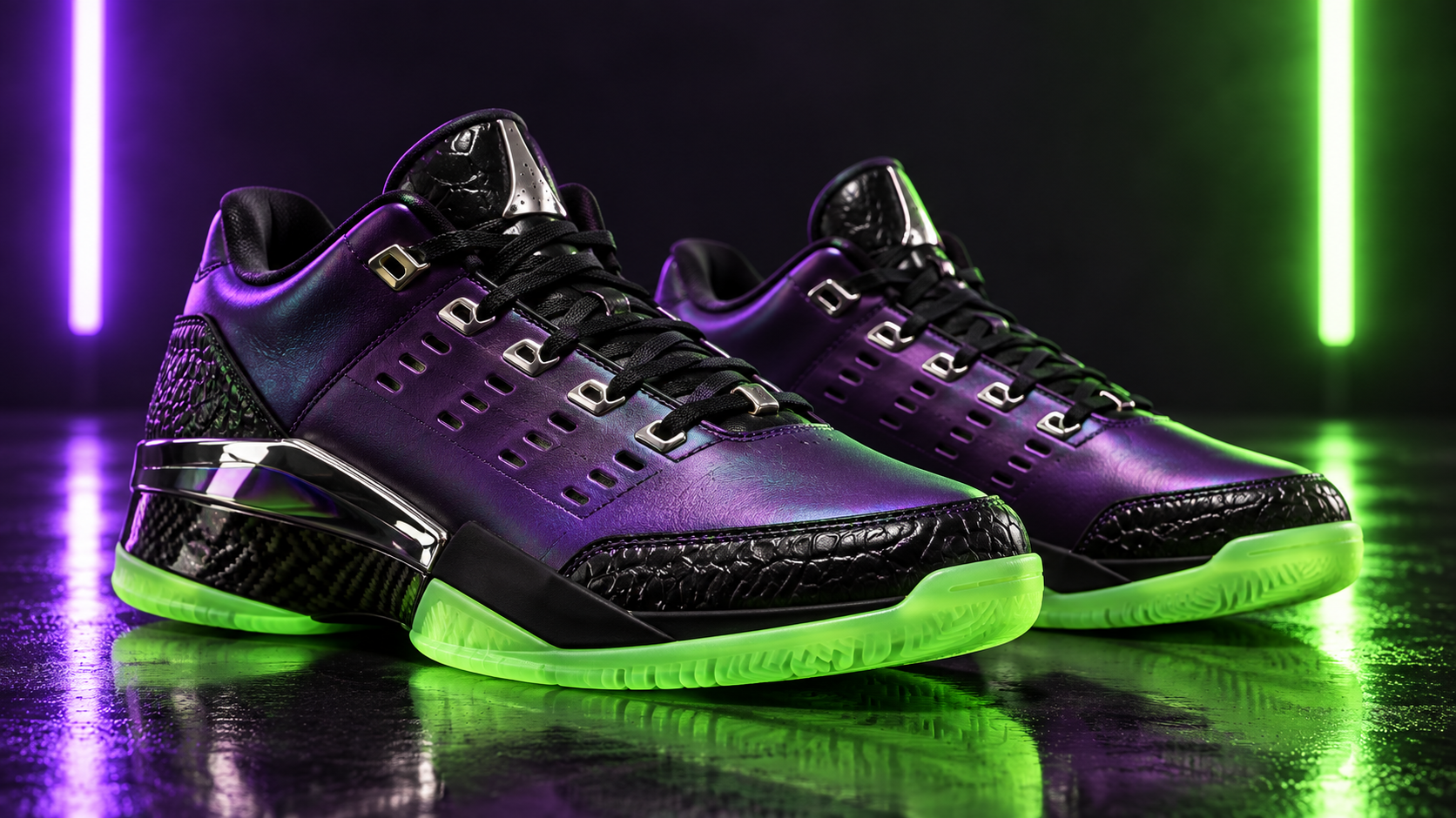 Shoe-only editorial view of a complete iridescent purple black silver and glow-green sneaker styling-reference pair