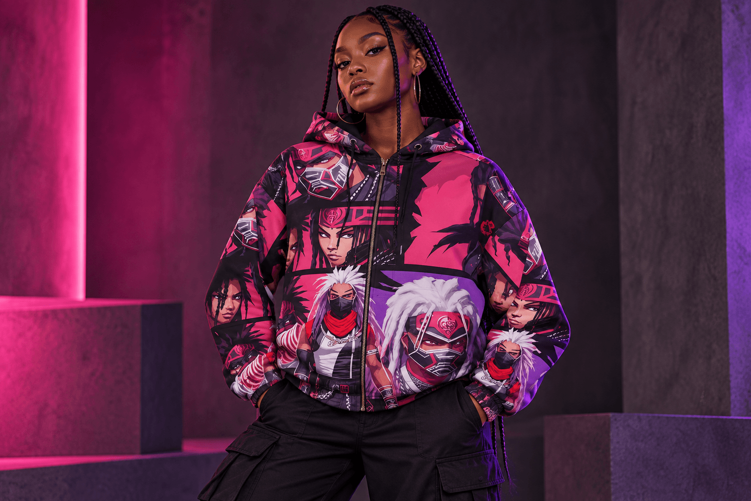 Fashion campaign featuring the pink anime panel hoodie