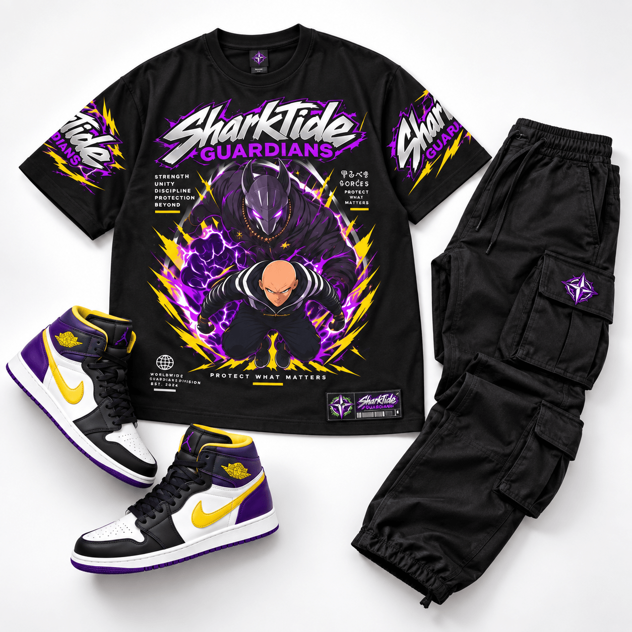 SharkTide Beyond Protection Tee with matching purple and yellow high-top sneakers