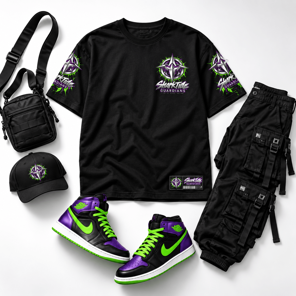 SharkTide Protector Tee with matching purple and volt high-top sneakers