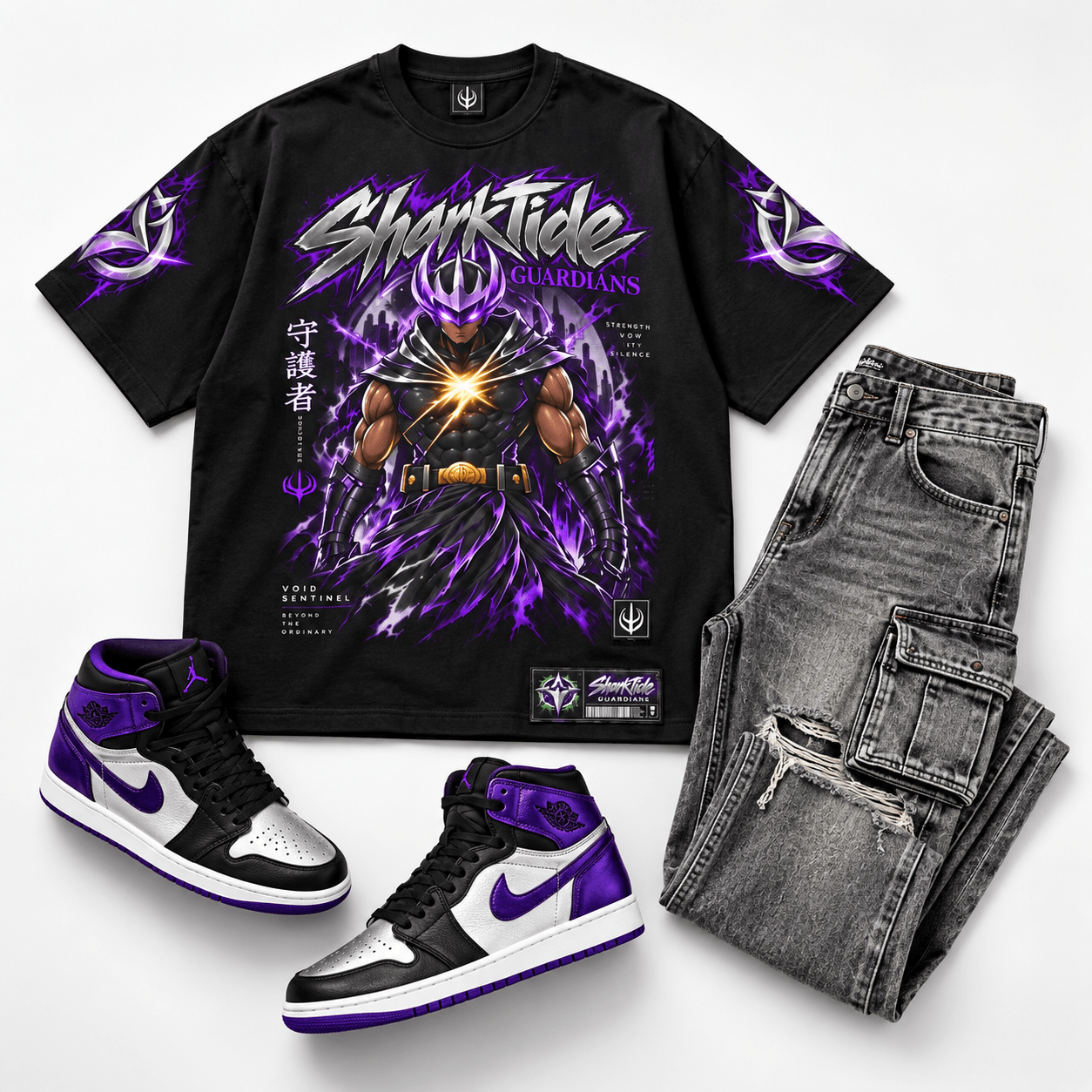 SharkTide Void Sentinel Tee with matching violet and silver high-top sneakers