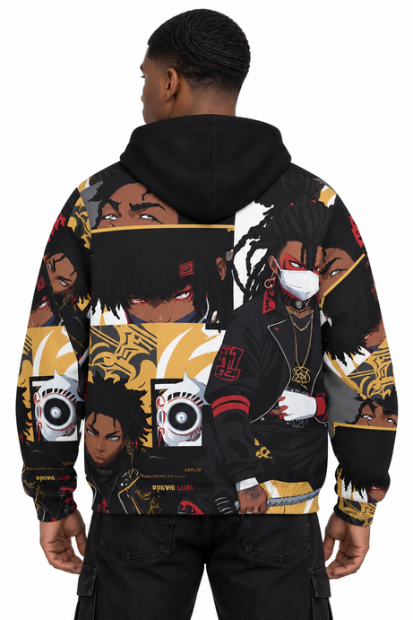 BLOODHOUND CREW Gold District Zip Hoodie back artwork view, Black / Gold / Red / White anime streetwear