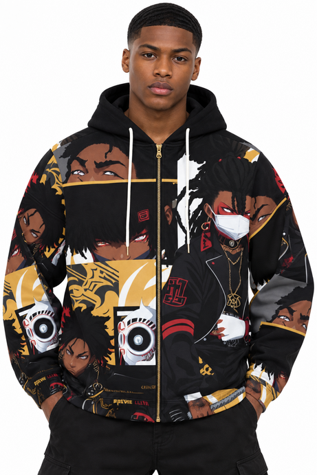 BLOODHOUND CREW Gold District Zip Hoodie front artwork view, Black / Gold / Red / White anime streetwear