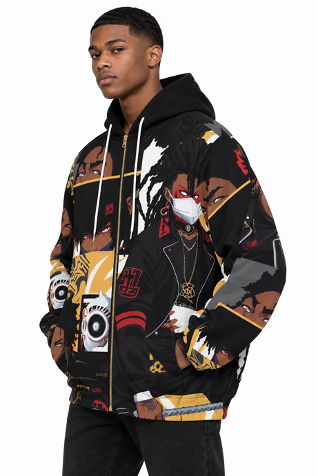 BLOODHOUND CREW Gold District Zip Hoodie side detail view, Black / Gold / Red / White anime streetwear